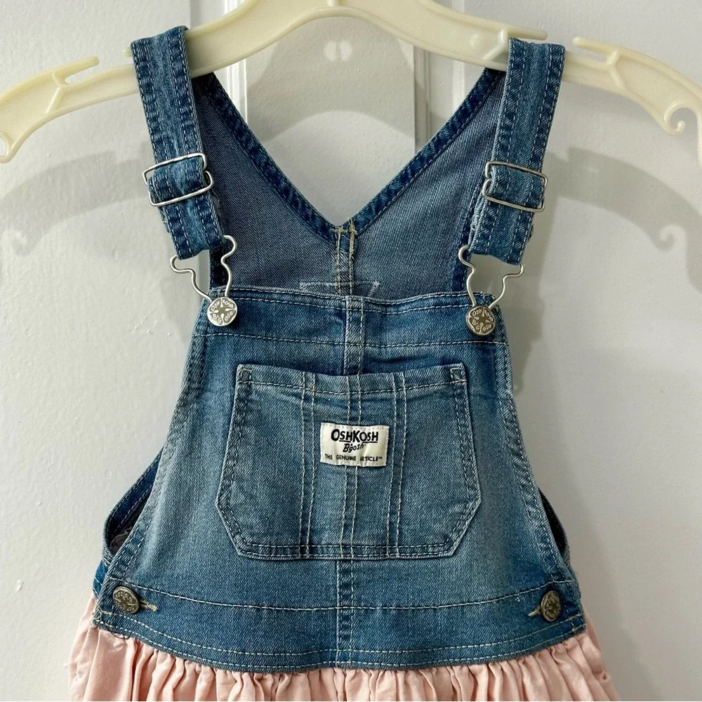 OshKosh B'gosh Girls Denim and Pale Pink Eyelet Overall Dress Sz 5T